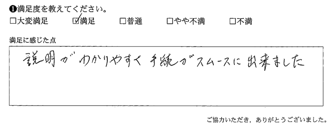 説明がわかりやすく手続がスムースに出来ました