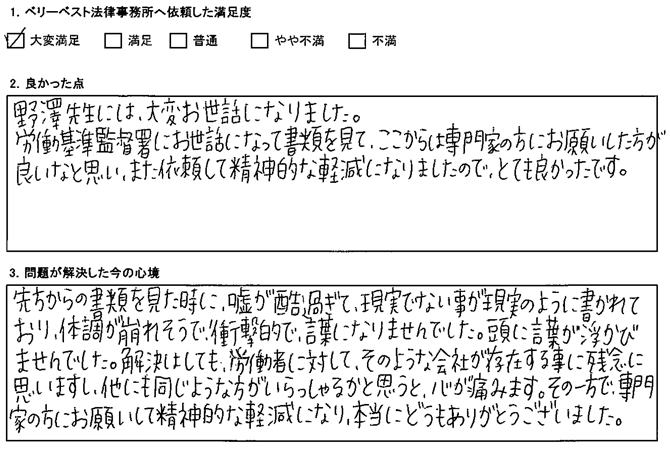 専門家の方にお願いして精神的な軽減になり、本当にどうもありがとうございました